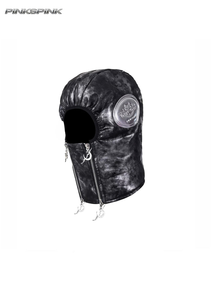 PINKSPINK ELECTRIC MOON metallic double-zip balaclava in metallic black — garment-only three-quarter view