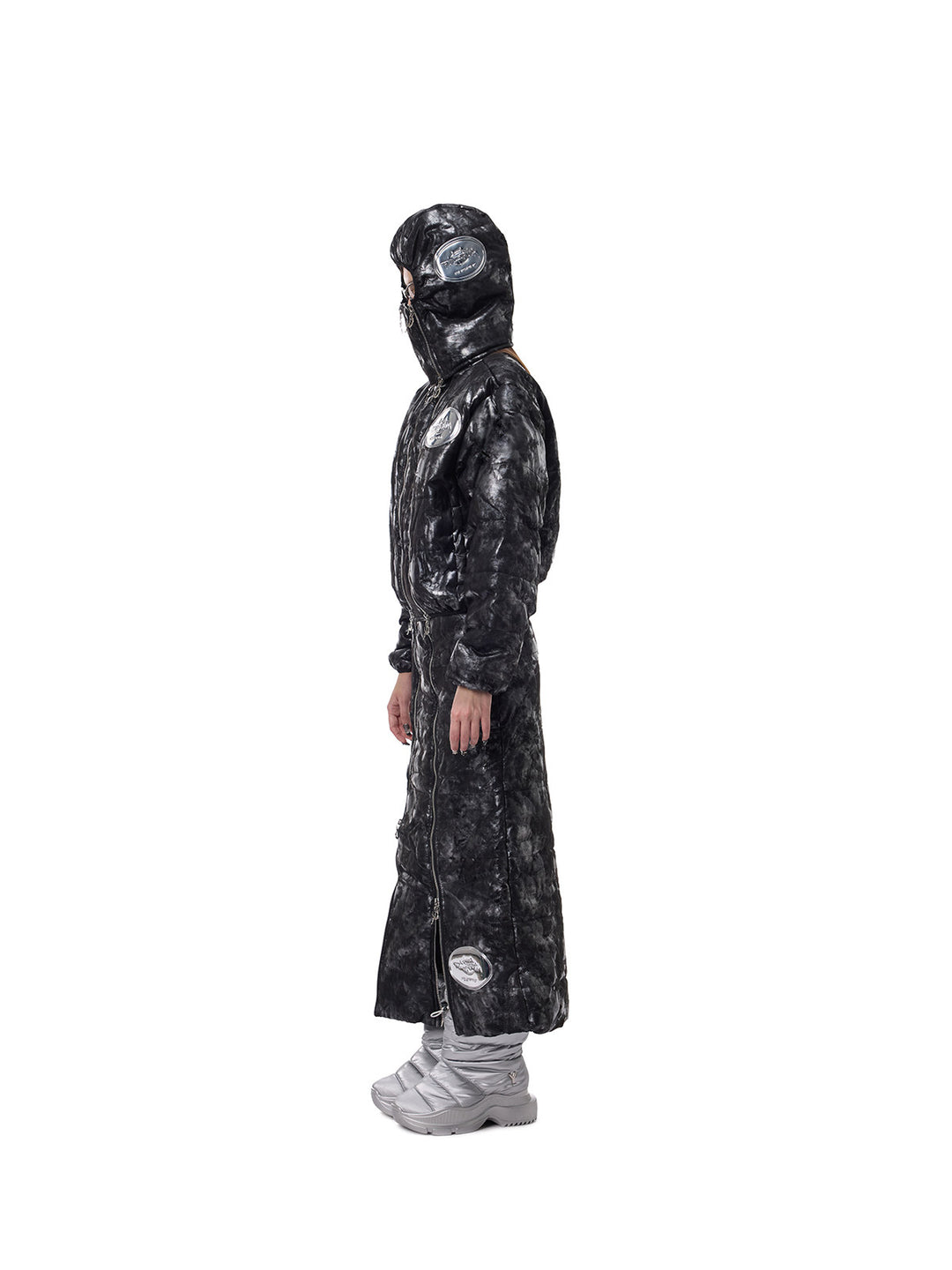 PINKSPINK ELECTRIC MOON metallic double-zip balaclava in metallic black — full-length side modeled view with coordinating coat