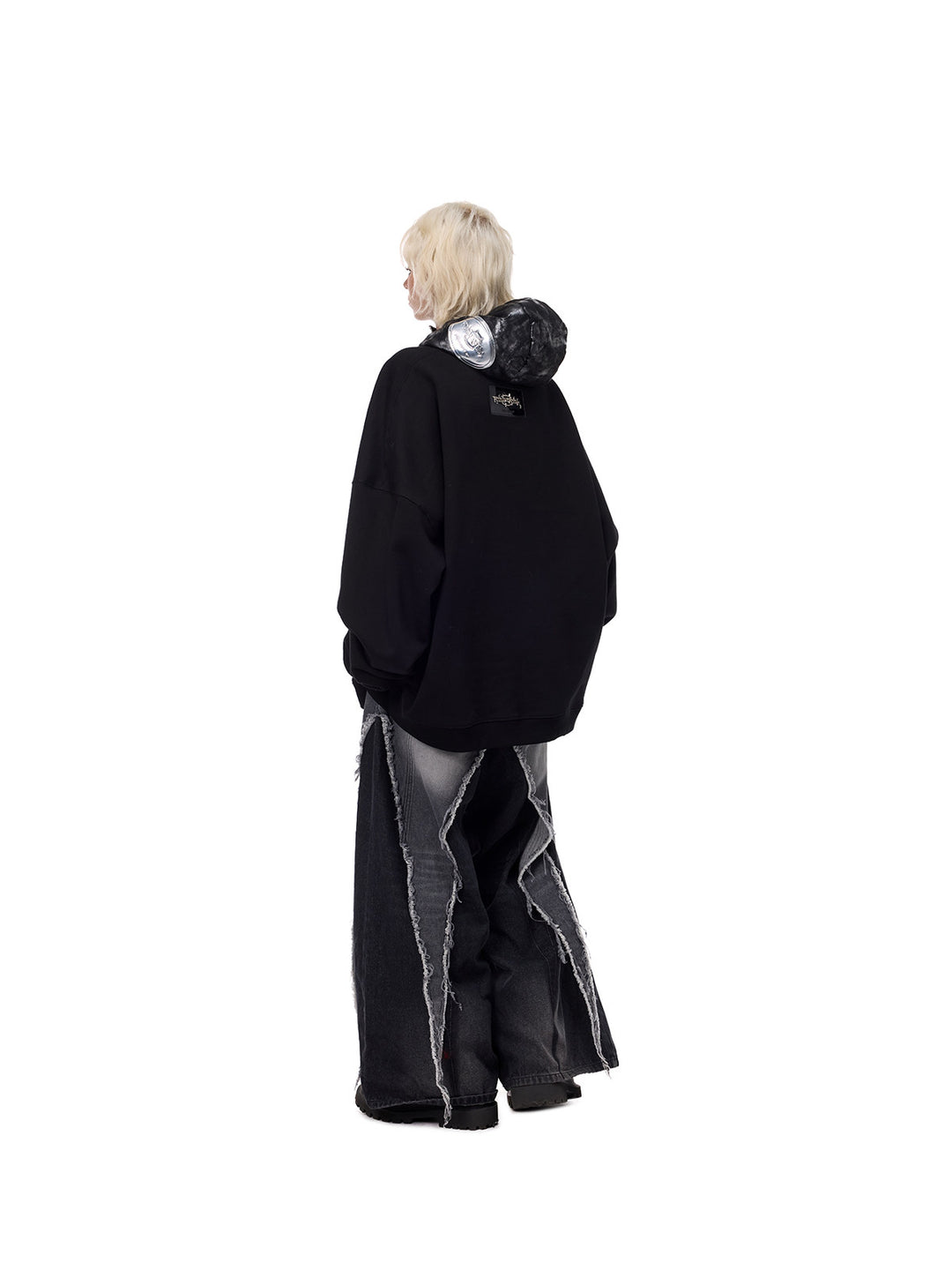 PINKSPINK ELECTRIC MOON metallic double-zip balaclava in metallic black — three-quarter back modeled view worn down around the neck
