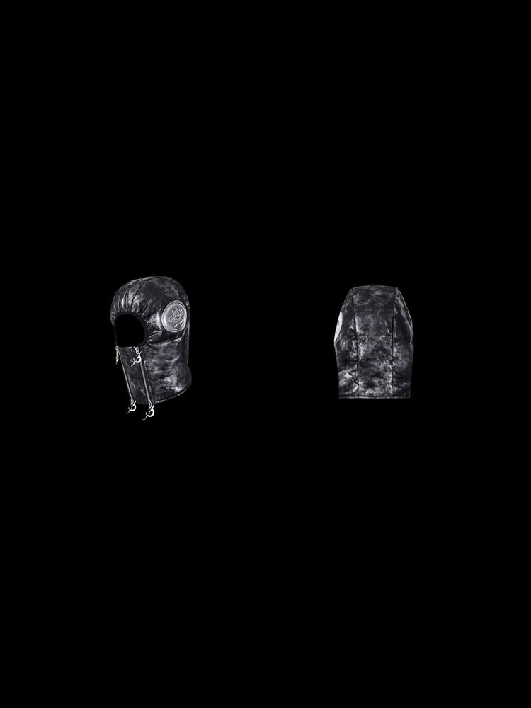 PINKSPINK ELECTRIC MOON metallic double-zip balaclava in metallic black — front and back garment-only comparison