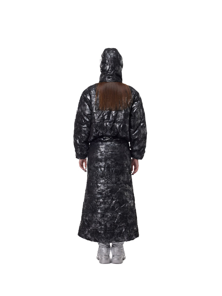 PINKSPINK ELECTRIC MOON metallic double-zip balaclava in metallic black — full-length back modeled view with coordinating coat