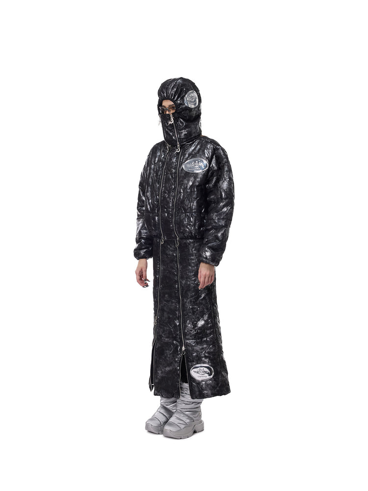 PINKSPINK ELECTRIC MOON metallic double-zip balaclava in metallic black — three-quarter modeled outfit with coordinating coat