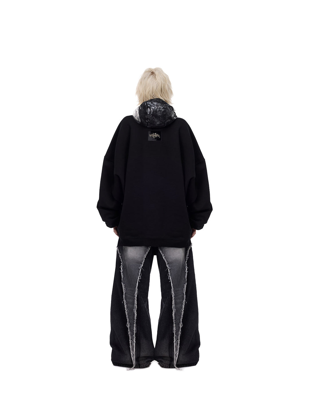 PINKSPINK ELECTRIC MOON metallic double-zip balaclava in metallic black — full-length back modeled view worn down around the neck