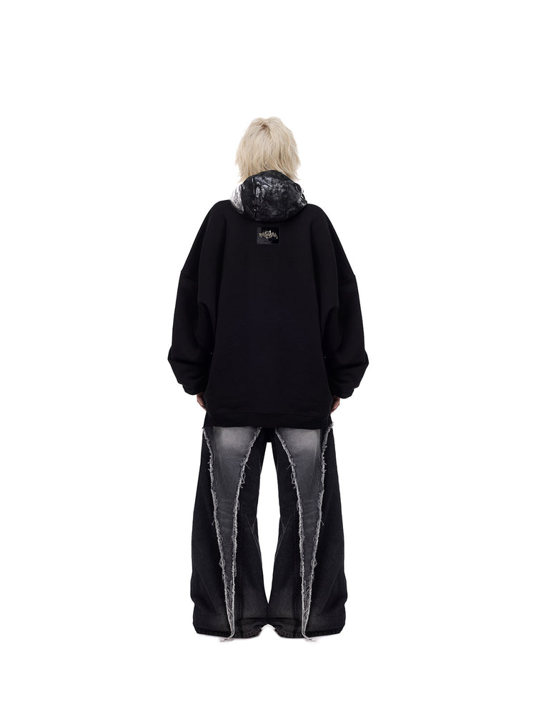 PINKSPINK ELECTRIC MOON metallic double-zip balaclava in metallic black — full-length back modeled view worn down around the neck