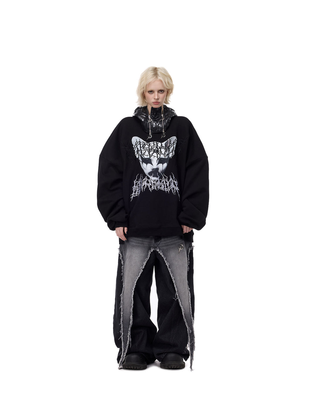 PINKSPINK ELECTRIC MOON metallic double-zip balaclava in metallic black — full-length front modeled outfit with graphic sweatshirt