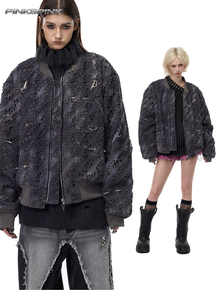 PINKSPINK ELECTRIC MOON distressed studded padded bomber jacket in charcoal gray — modeled collage of the distressed padded bomber silhouette