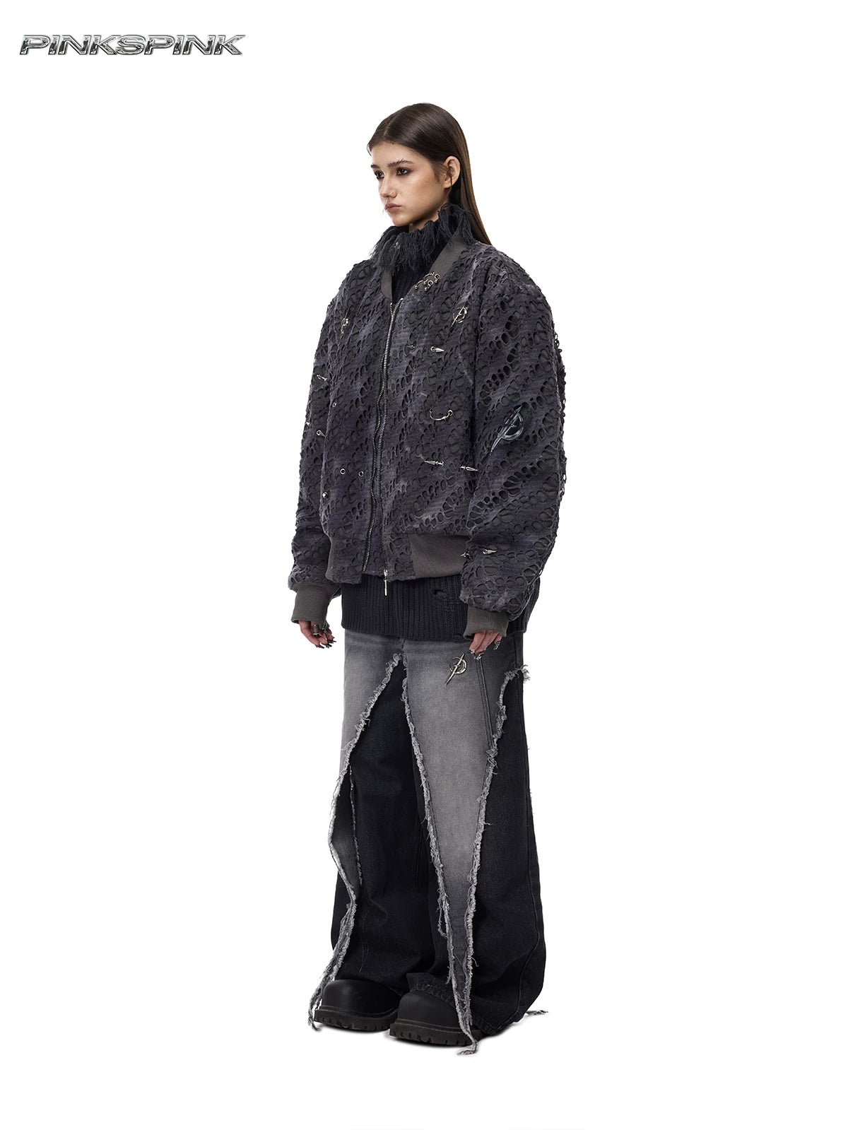 PINKSPINK ELECTRIC MOON distressed studded padded bomber jacket in charcoal gray — full-length three-quarter modeled view