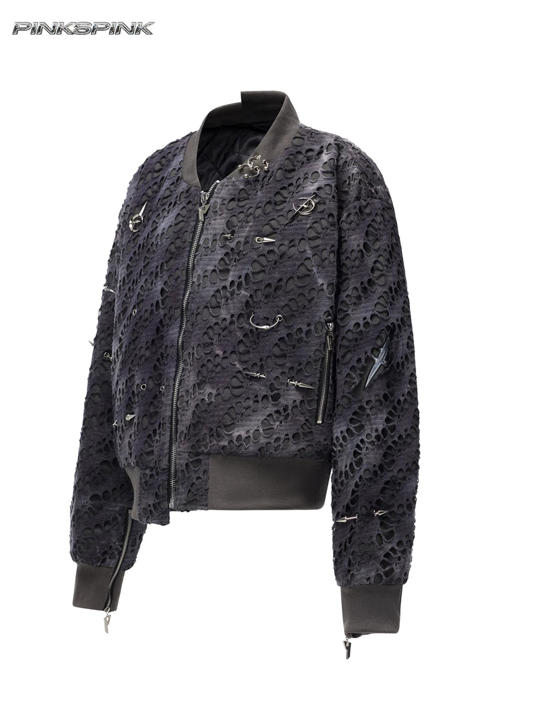 PINKSPINK ELECTRIC MOON distressed studded padded bomber jacket in charcoal gray — front garment-only view of the zip closure and ribbed trim