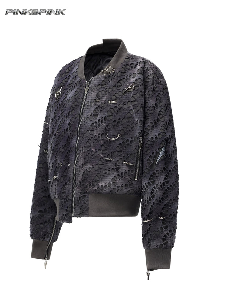 PINKSPINK ELECTRIC MOON distressed studded padded bomber jacket in charcoal gray — front garment-only view of the zip closure and ribbed trim