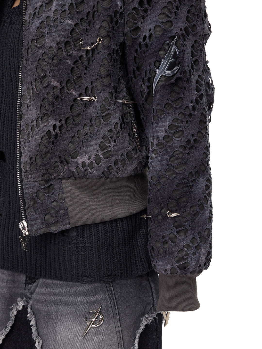 PINKSPINK ELECTRIC MOON distressed studded padded bomber jacket in charcoal gray — sleeve and cuff modeled detail
