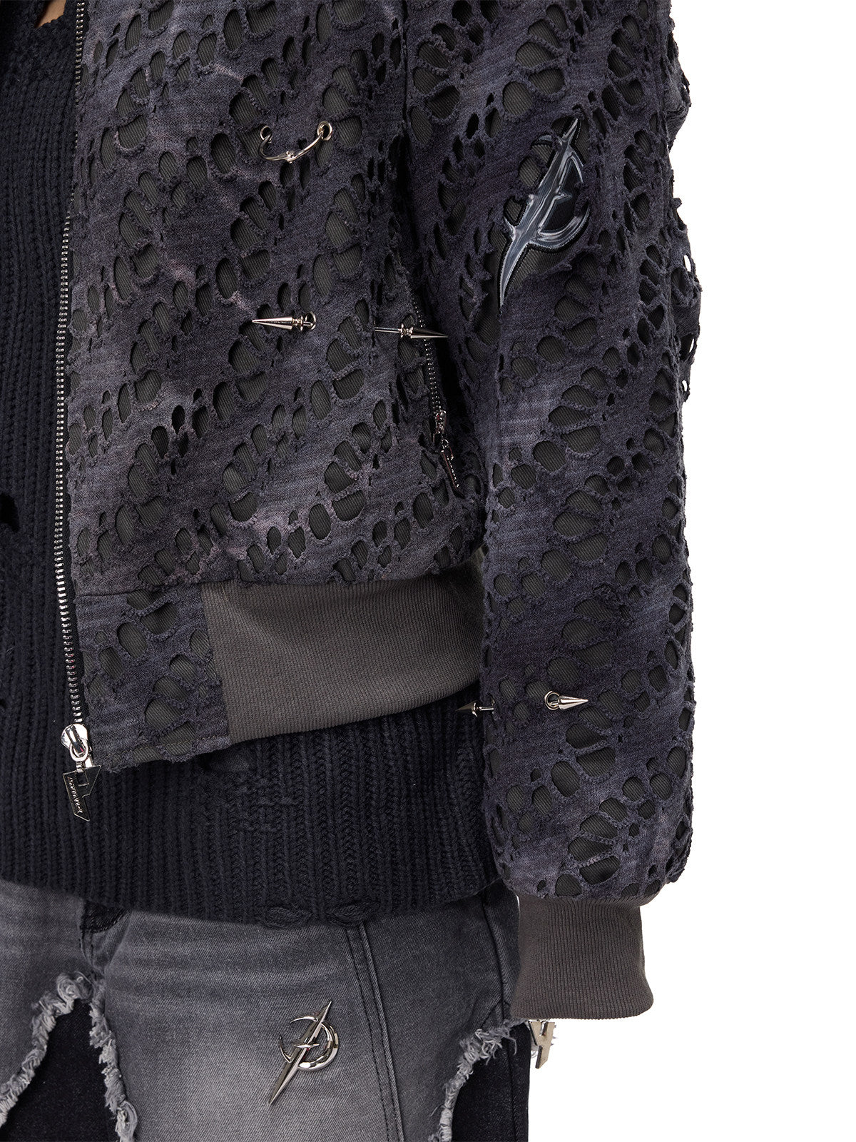 PINKSPINK ELECTRIC MOON distressed studded padded bomber jacket in charcoal gray — sleeve and cuff modeled detail