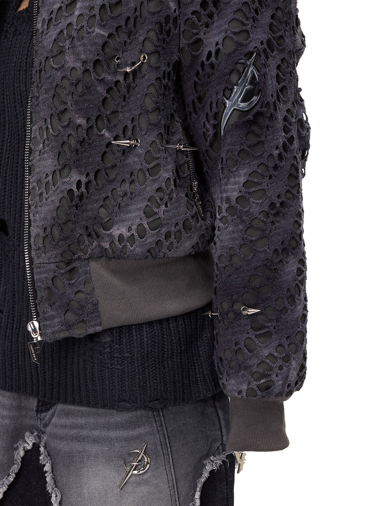 PINKSPINK ELECTRIC MOON distressed studded padded bomber jacket in charcoal gray — sleeve and cuff modeled detail
