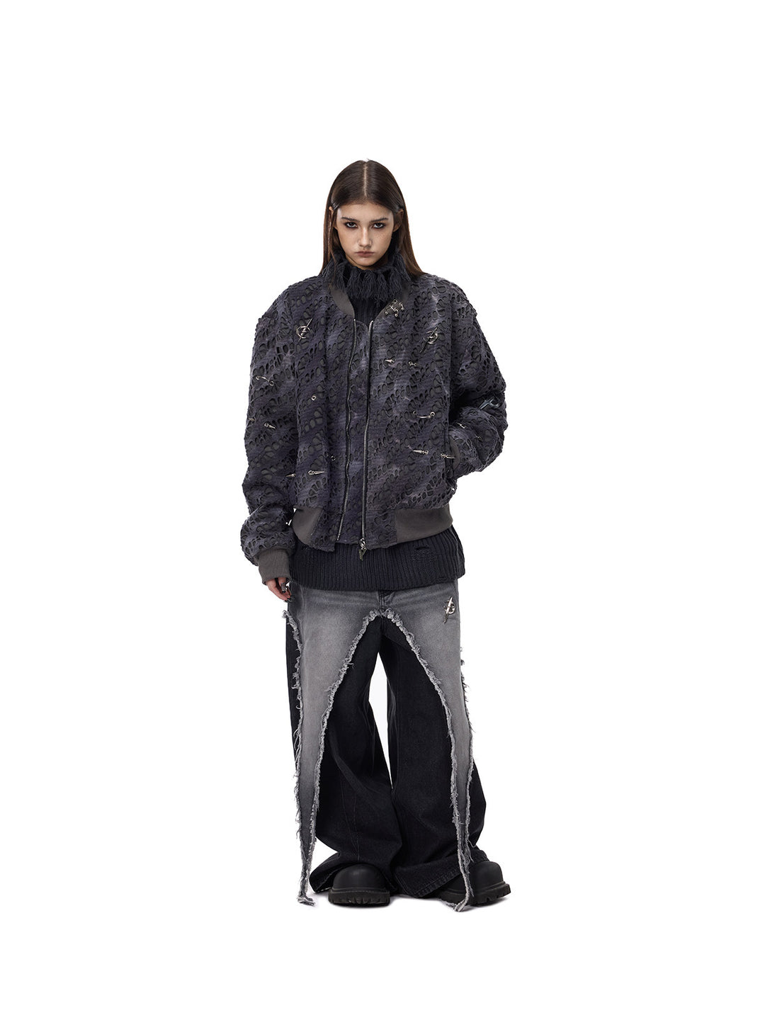 PINKSPINK ELECTRIC MOON distressed studded padded bomber jacket in charcoal gray — front modeled outfit with hands in pockets