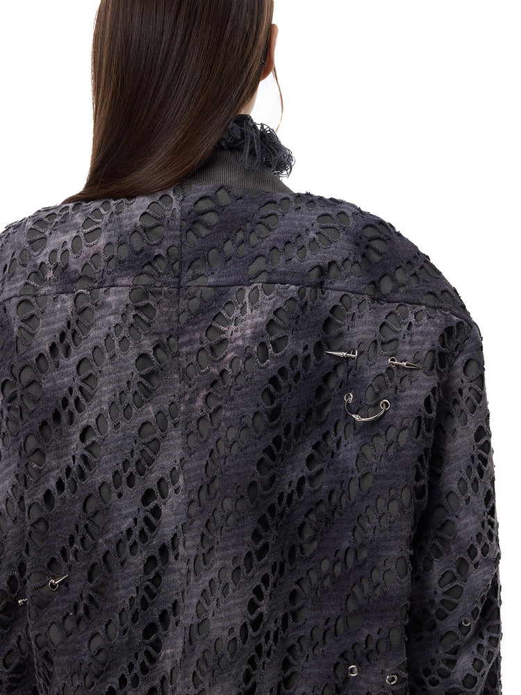 PINKSPINK ELECTRIC MOON distressed studded padded bomber jacket in charcoal gray — back shoulder close-up showing the distressed texture