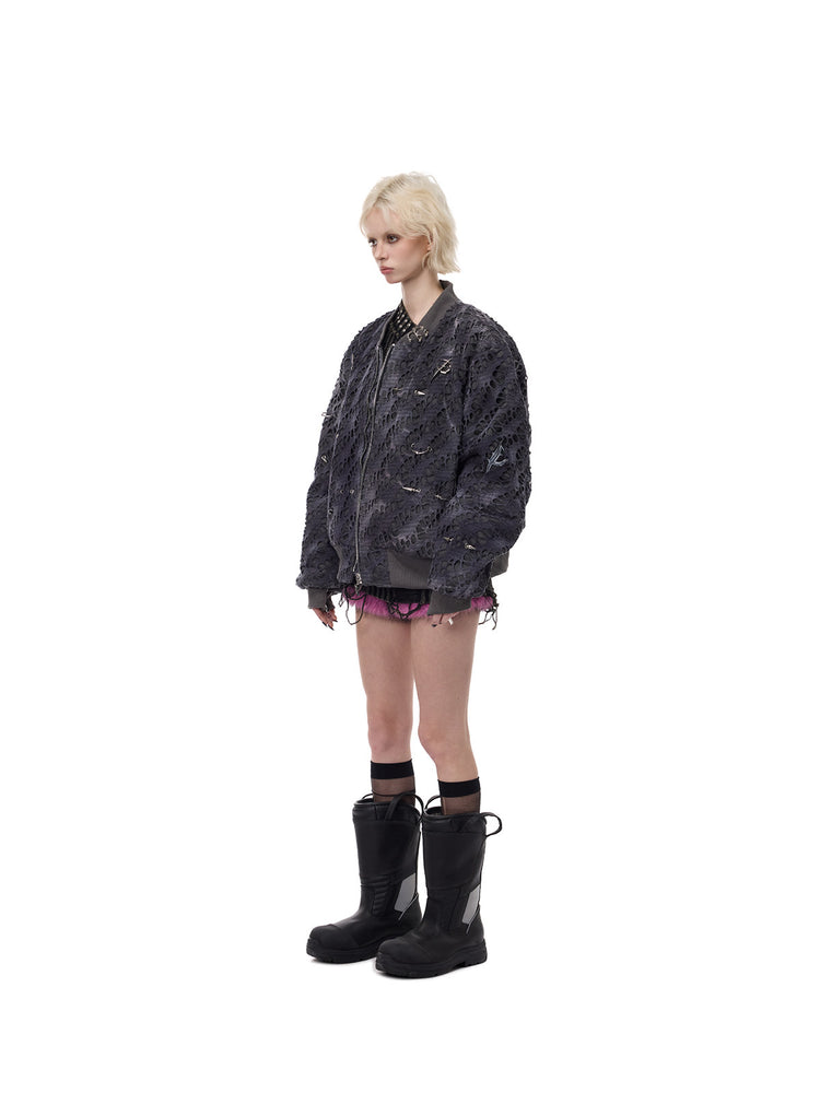 PINKSPINK ELECTRIC MOON distressed studded padded bomber jacket in charcoal gray — full-length side modeled view