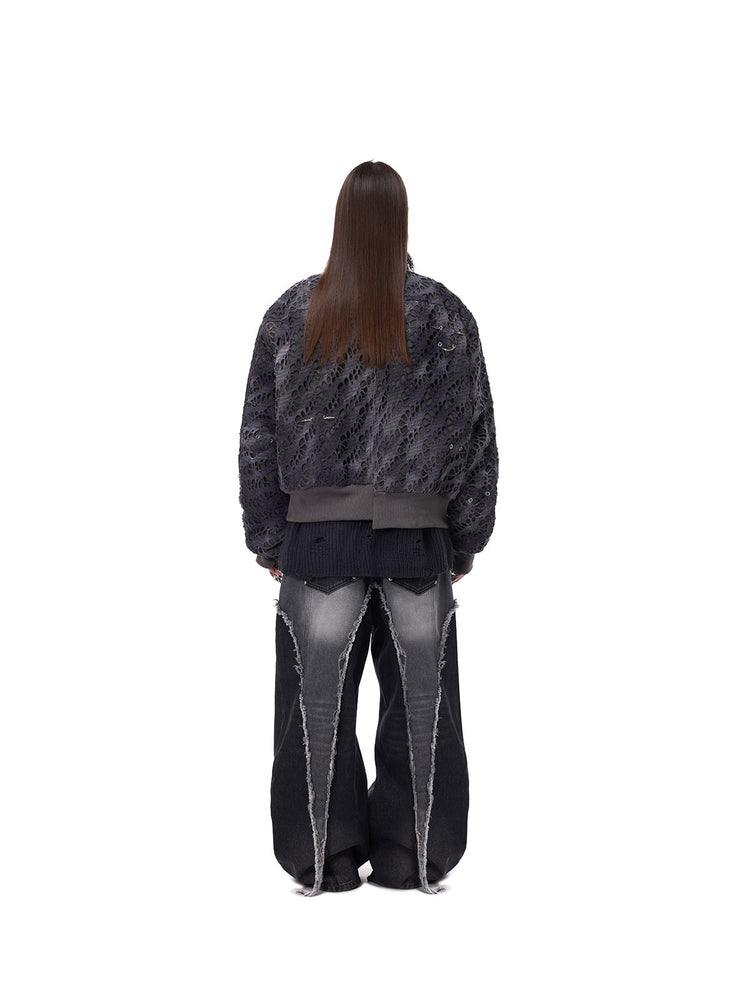 PINKSPINK ELECTRIC MOON distressed studded padded bomber jacket in charcoal gray — full-length back modeled view with trousers