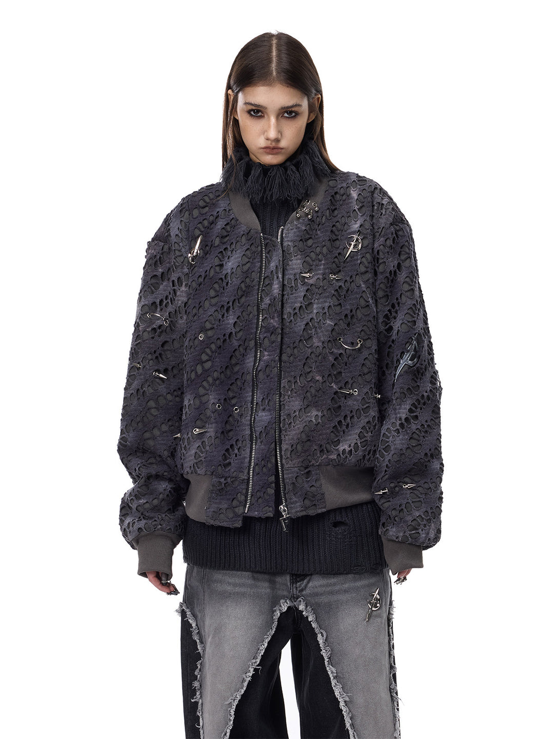 PINKSPINK ELECTRIC MOON distressed studded padded bomber jacket in charcoal gray — front modeled view of the zip and ribbed hem