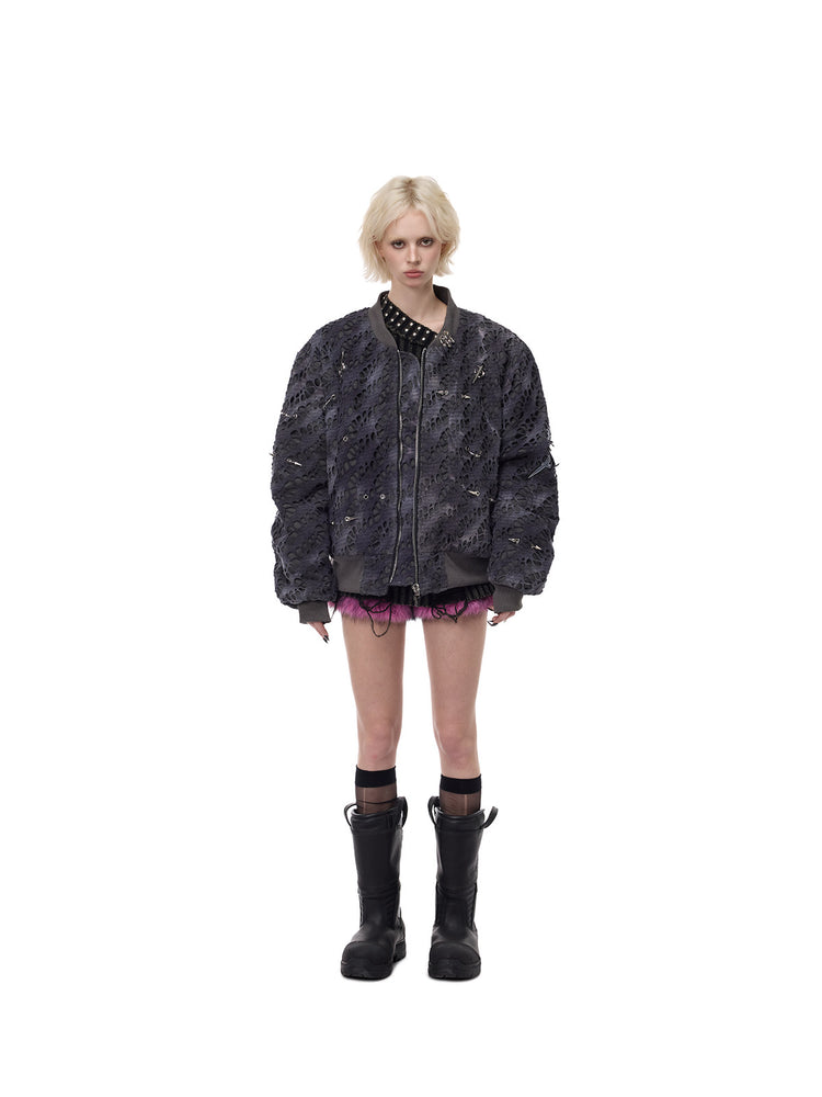 PINKSPINK ELECTRIC MOON distressed studded padded bomber jacket in charcoal gray — full-length front modeled view