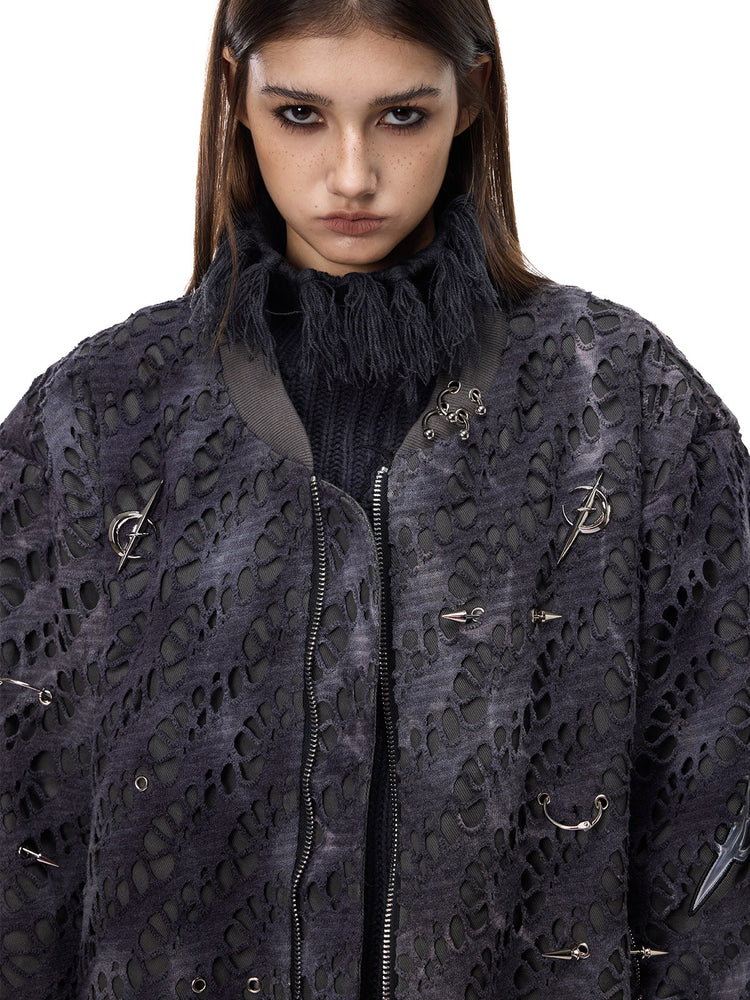 PINKSPINK ELECTRIC MOON distressed studded padded bomber jacket in charcoal gray — close-up of the distressed surface and stud details