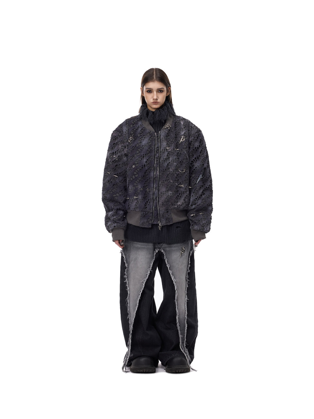 PINKSPINK ELECTRIC MOON distressed studded padded bomber jacket in charcoal gray — full-length front modeled view layered over a dark knit