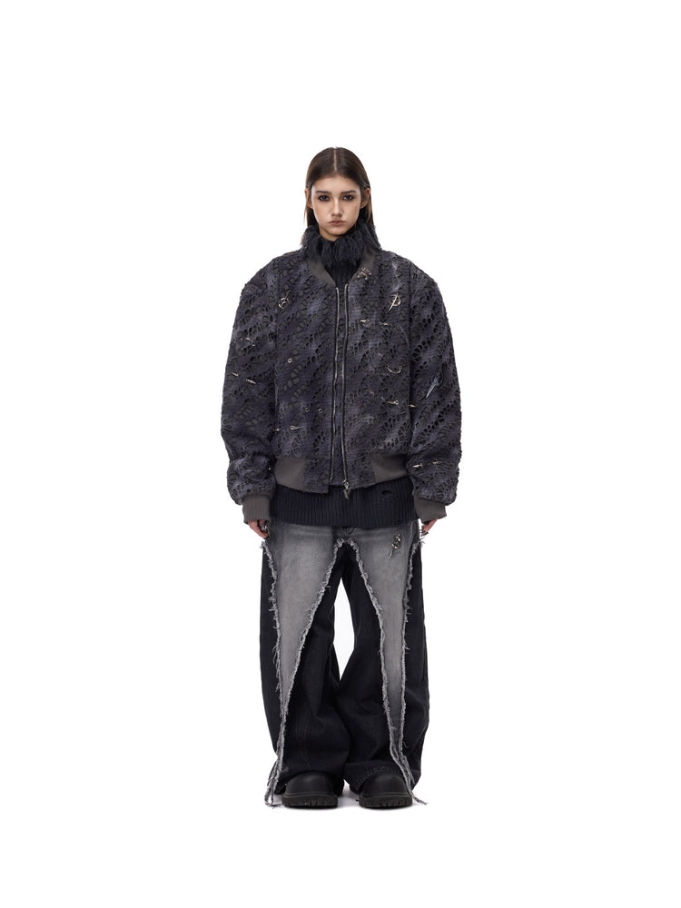 PINKSPINK ELECTRIC MOON distressed studded padded bomber jacket in charcoal gray — full-length front modeled view layered over a dark knit