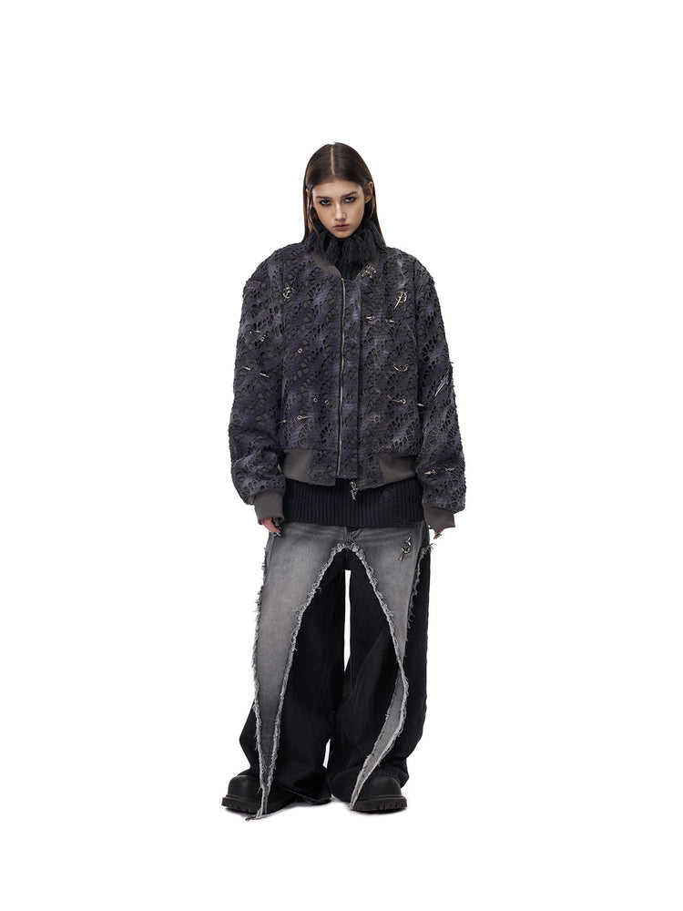 PINKSPINK ELECTRIC MOON distressed studded padded bomber jacket in charcoal gray — full-length front modeled outfit with trousers