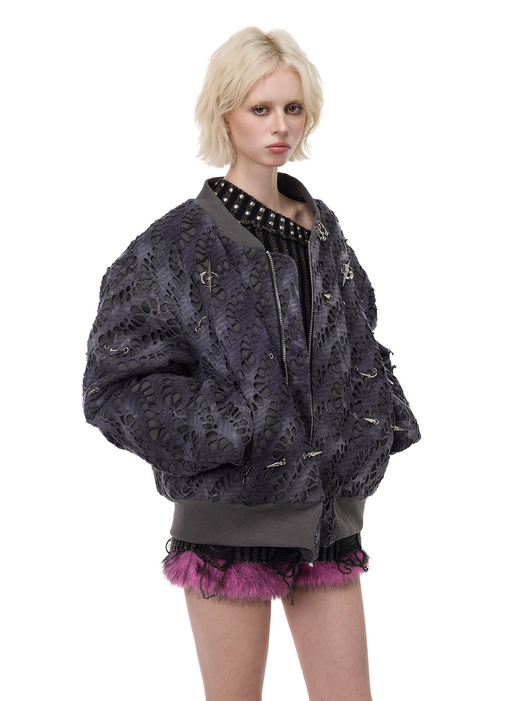 PINKSPINK ELECTRIC MOON distressed studded padded bomber jacket in charcoal gray — three-quarter modeled waist-up view