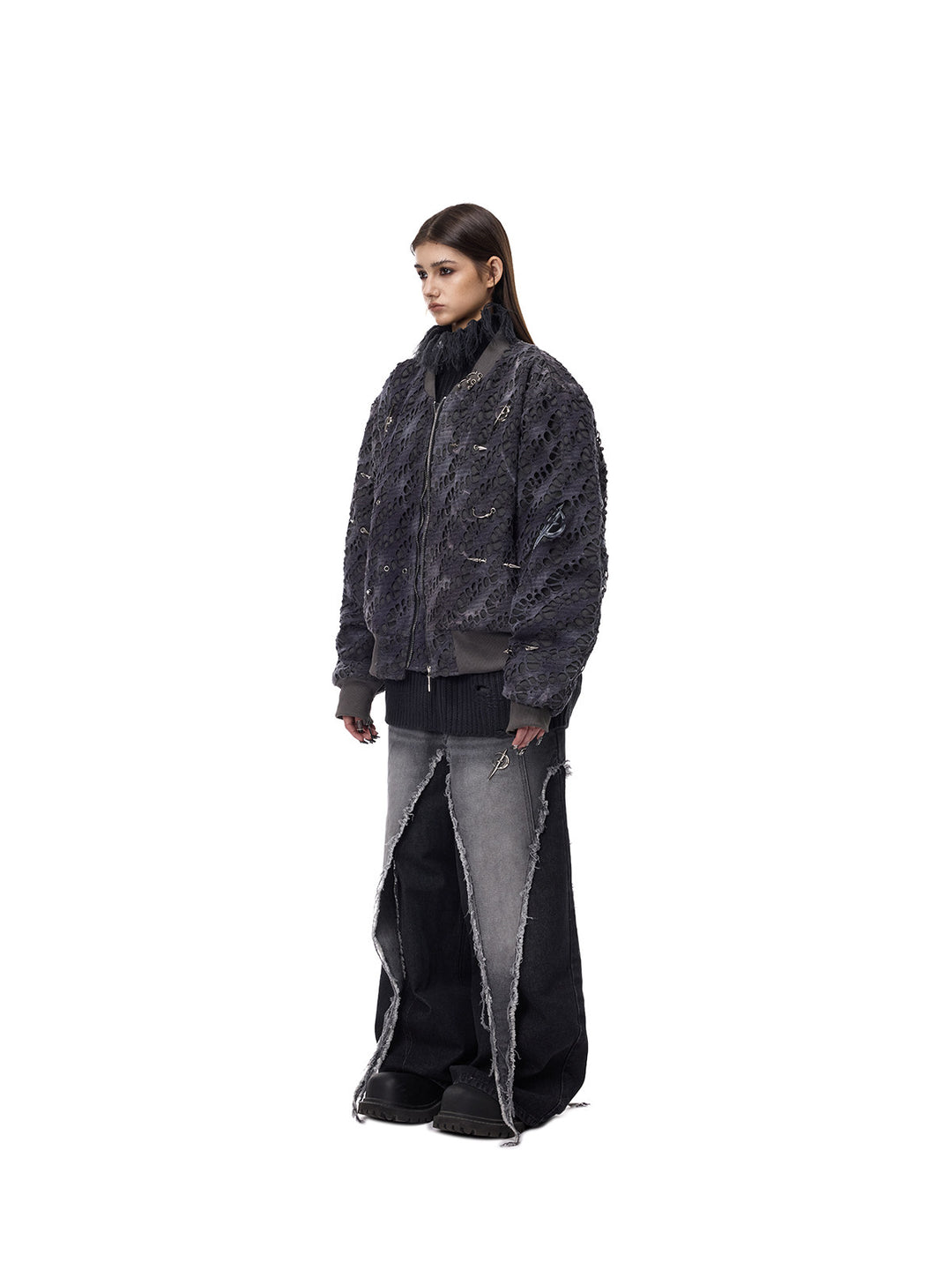 PINKSPINK ELECTRIC MOON distressed studded padded bomber jacket in charcoal gray — full-length three-quarter modeled outfit with trousers