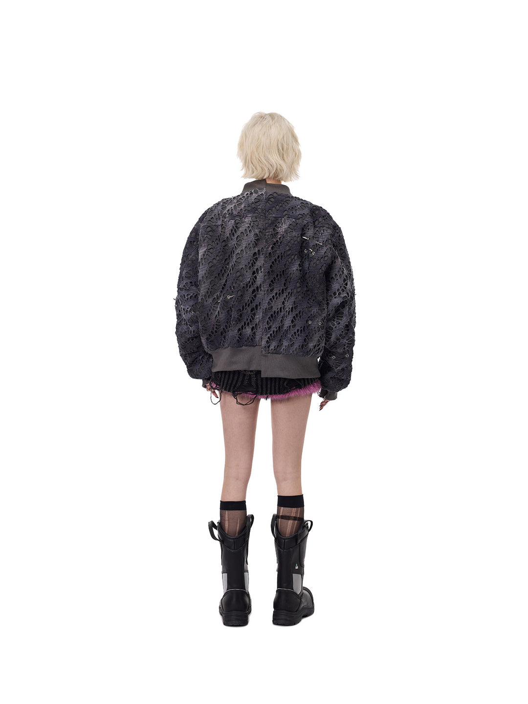 PINKSPINK ELECTRIC MOON distressed studded padded bomber jacket in charcoal gray — full-length back modeled outfit with a mini skirt