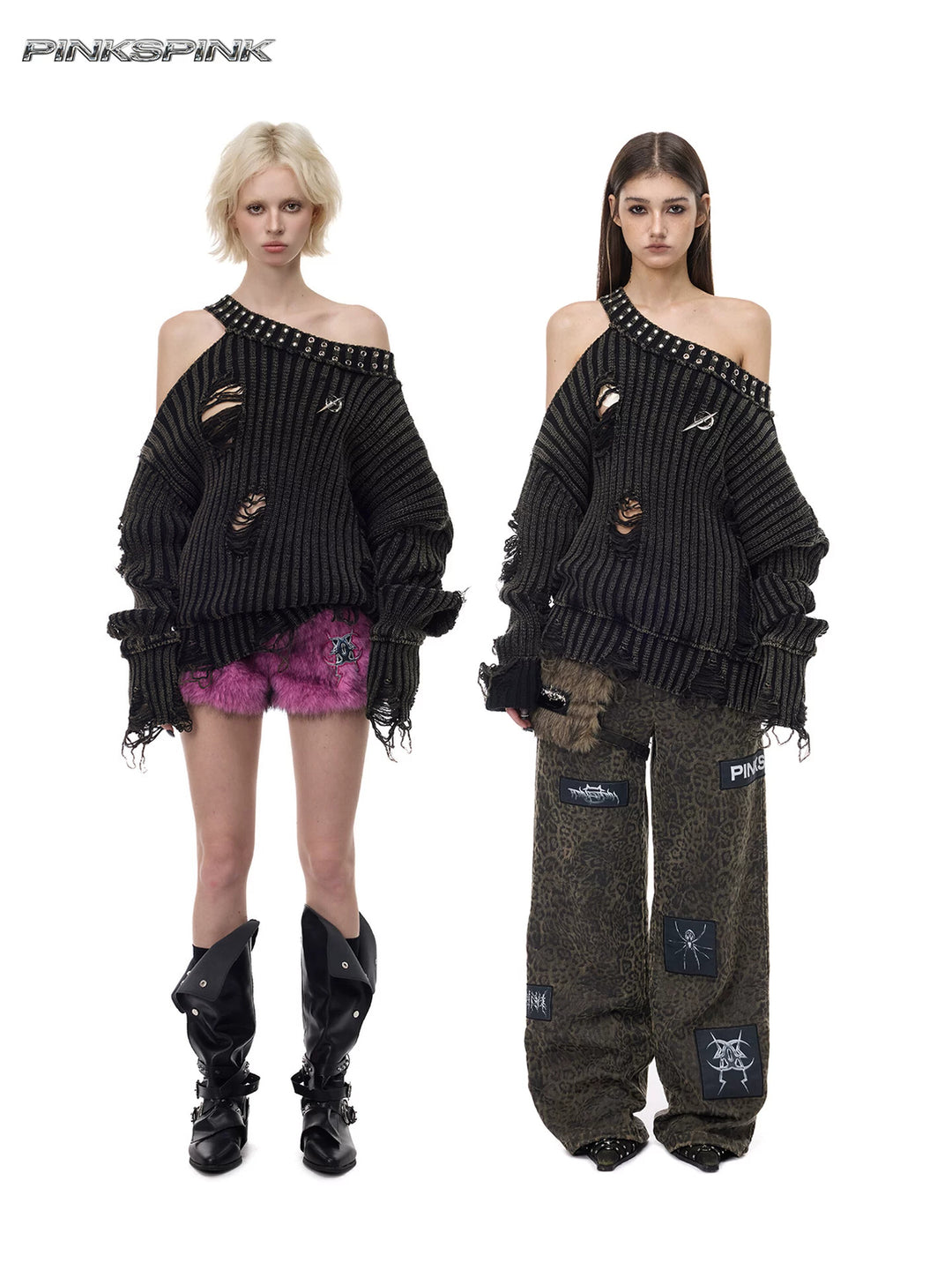 PINKSPINK ELECTRIC MOON distressed studded cold-shoulder sweater in washed black — modeled collage showing the asymmetric cold-shoulder neckline