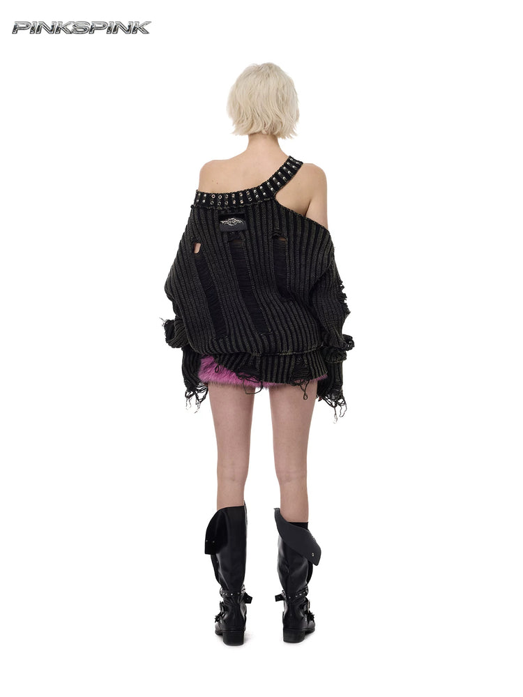 PINKSPINK ELECTRIC MOON distressed studded cold-shoulder sweater in washed black — full-length back modeled view