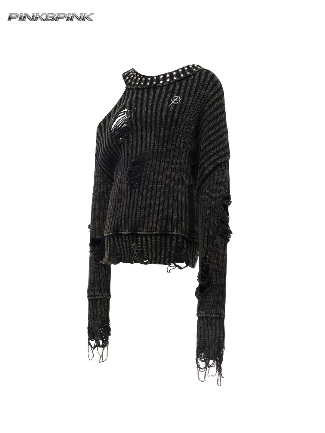 PINKSPINK ELECTRIC MOON distressed studded cold-shoulder sweater in washed black — front garment-only view