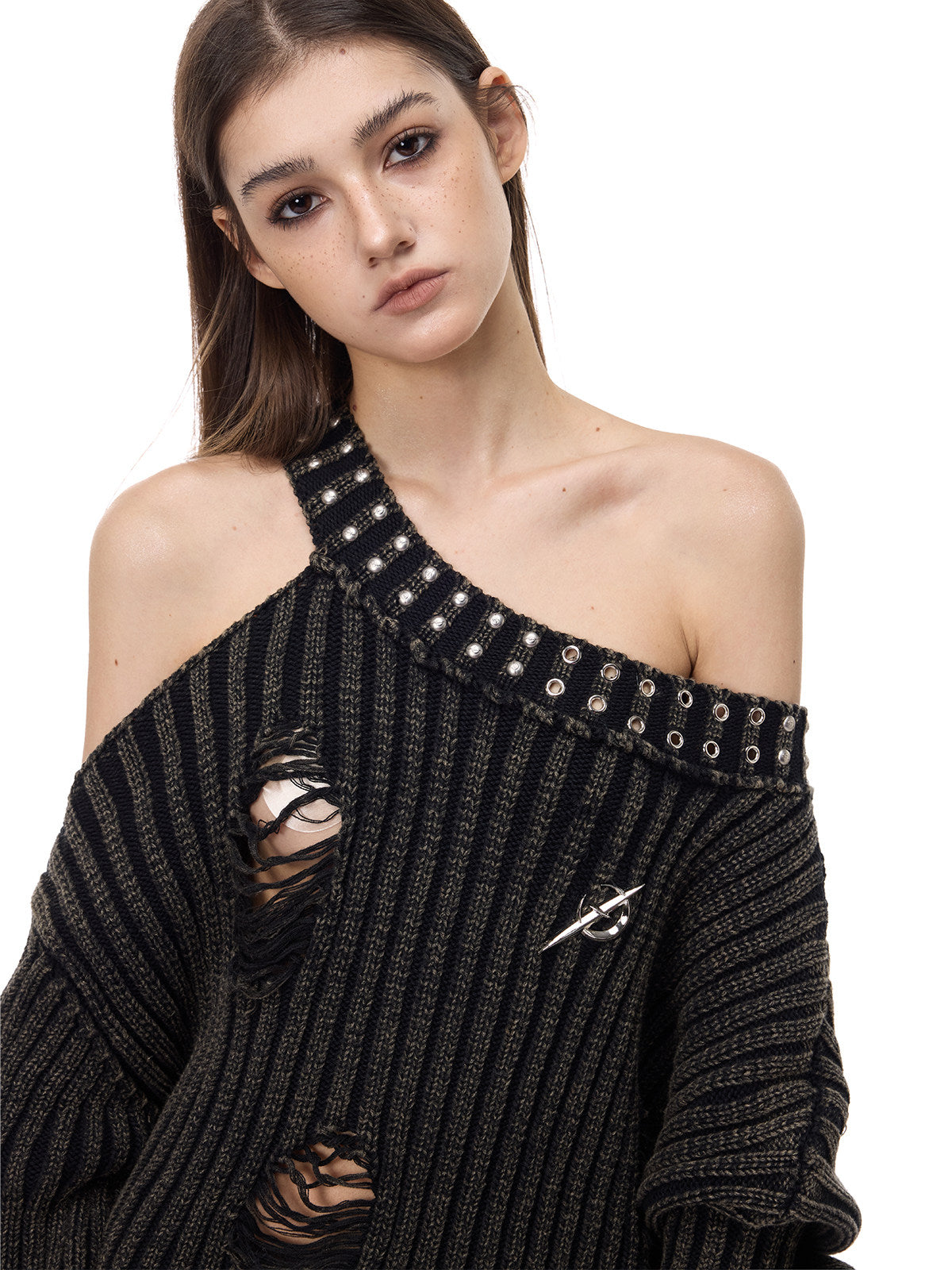 PINKSPINK ELECTRIC MOON distressed studded cold-shoulder sweater in washed black — neckline close-up showing the studded strap and knit cutouts
