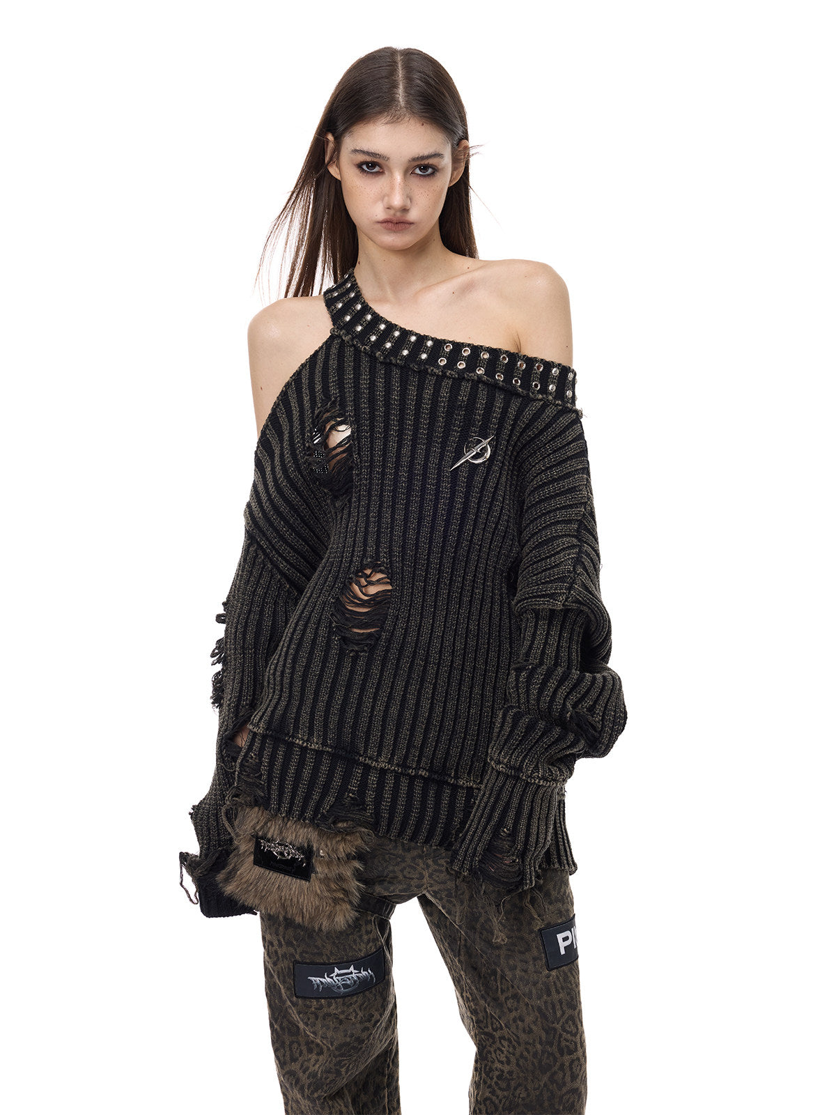 PINKSPINK ELECTRIC MOON distressed studded cold-shoulder sweater in washed black — front modeled three-quarter view