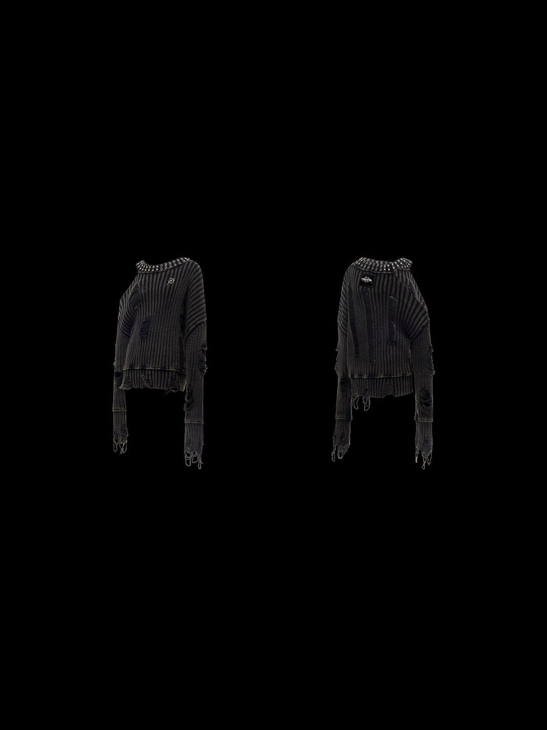 PINKSPINK ELECTRIC MOON distressed studded cold-shoulder sweater in washed black — front and back garment-only comparison on black
