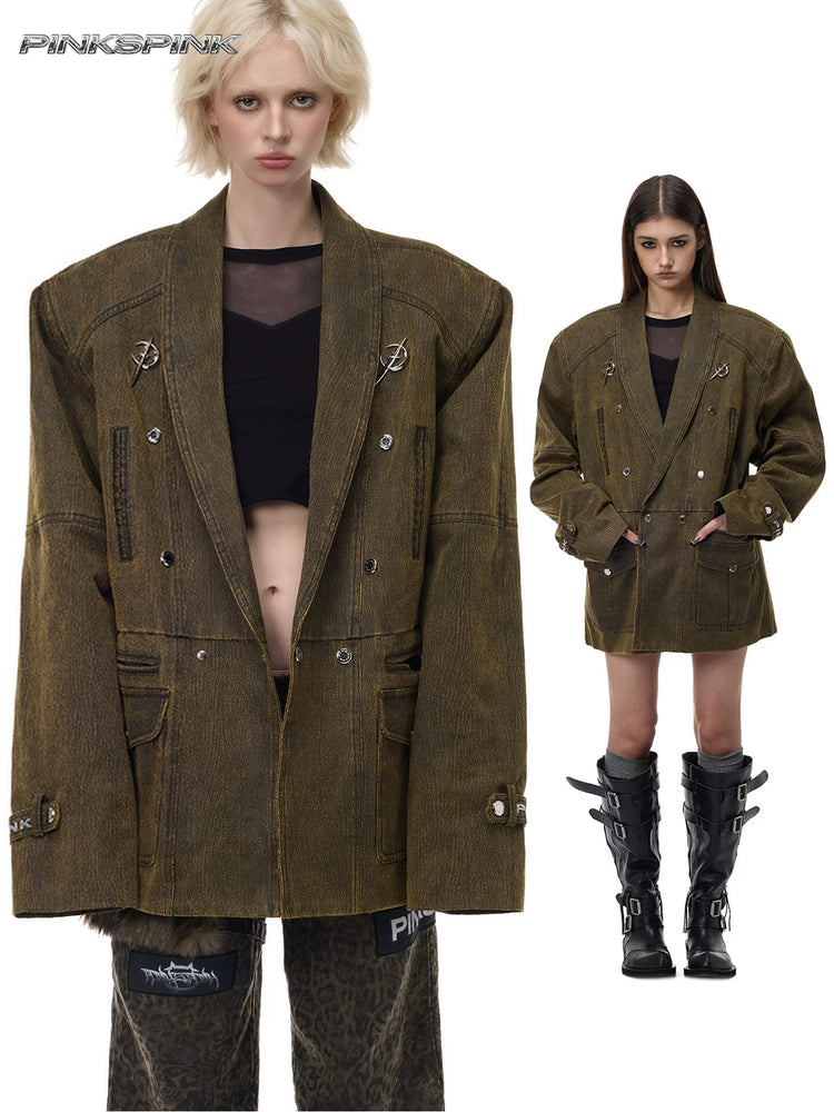 PINKSPINK ELECTRIC MOON sculpted-shoulder washed blazer in olive brown — modeled hero collage showing sculpted shoulders and the long silhouette
