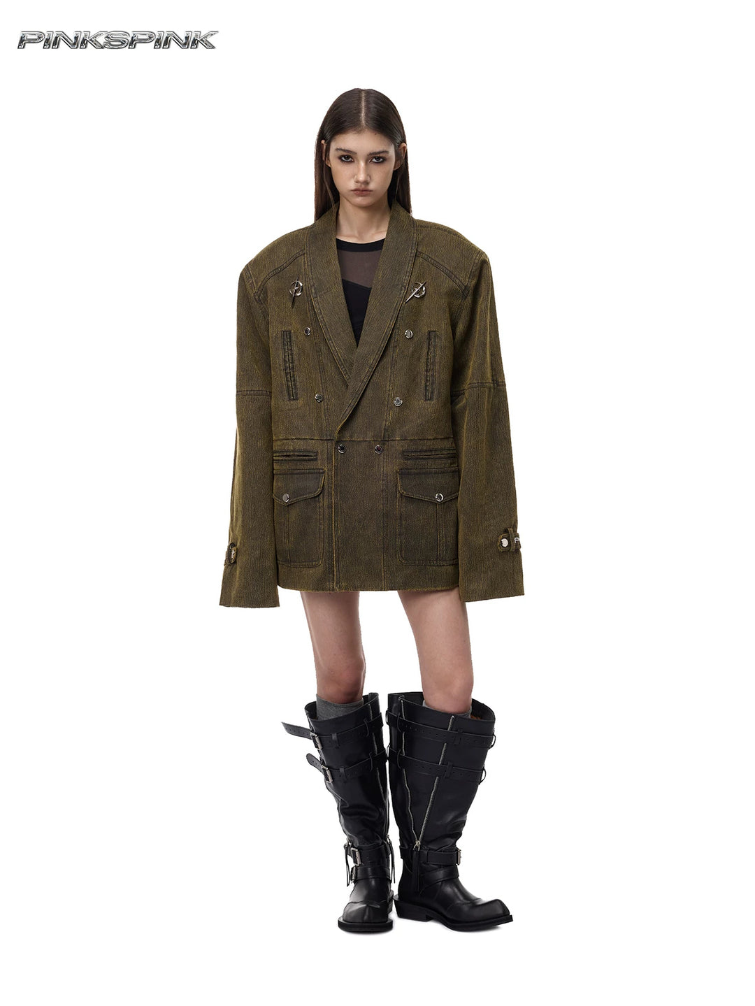 PINKSPINK ELECTRIC MOON sculpted-shoulder washed blazer in olive brown — full-length front modeled view with blazer fastened