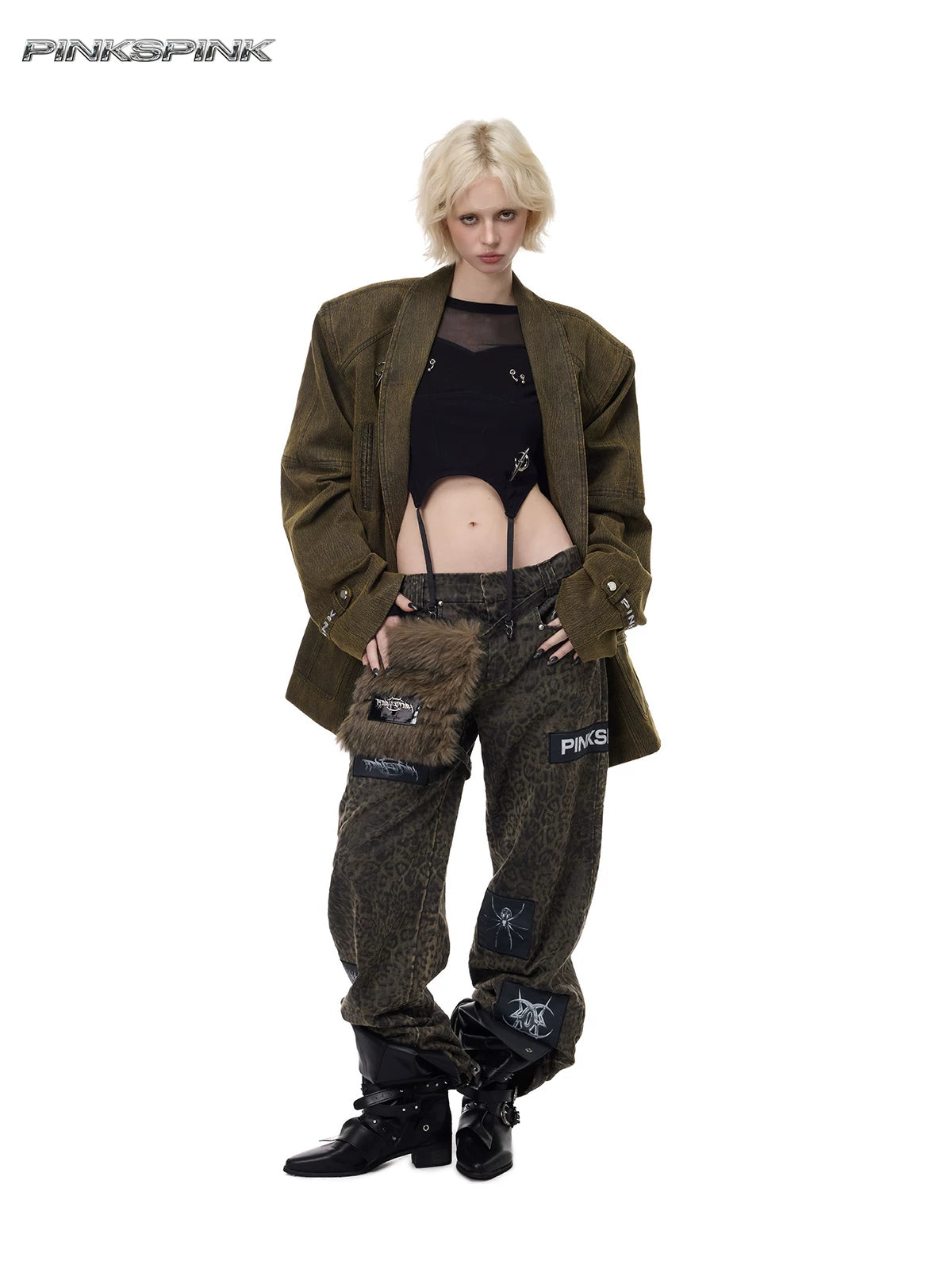 PINKSPINK ELECTRIC MOON sculpted-shoulder washed blazer in olive brown — full-length front modeled view worn open with trousers