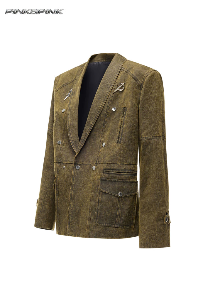 PINKSPINK ELECTRIC MOON sculpted-shoulder washed blazer in olive brown — three-quarter front garment-only view