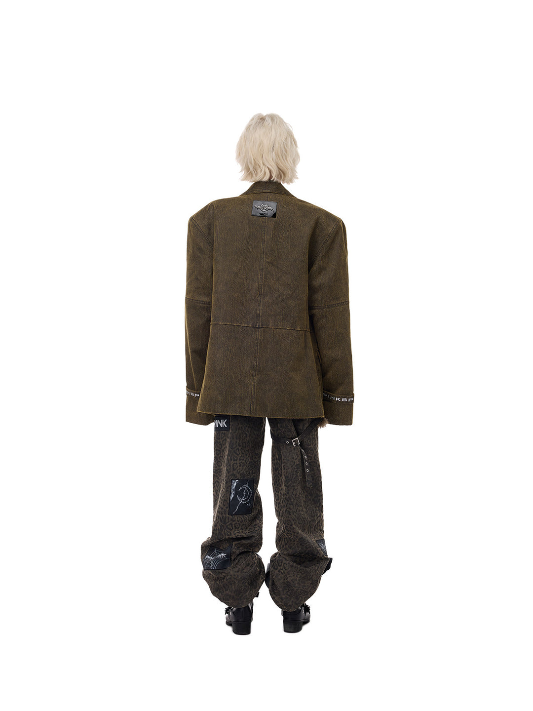 PINKSPINK ELECTRIC MOON sculpted-shoulder washed blazer in olive brown — full-length back modeled view showing shoulder structure