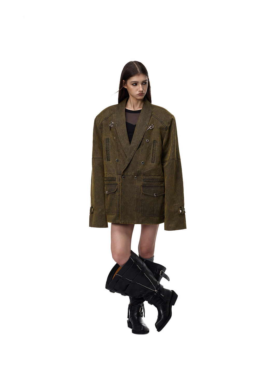PINKSPINK ELECTRIC MOON sculpted-shoulder washed blazer in olive brown — full-length modeled view with crossed legs