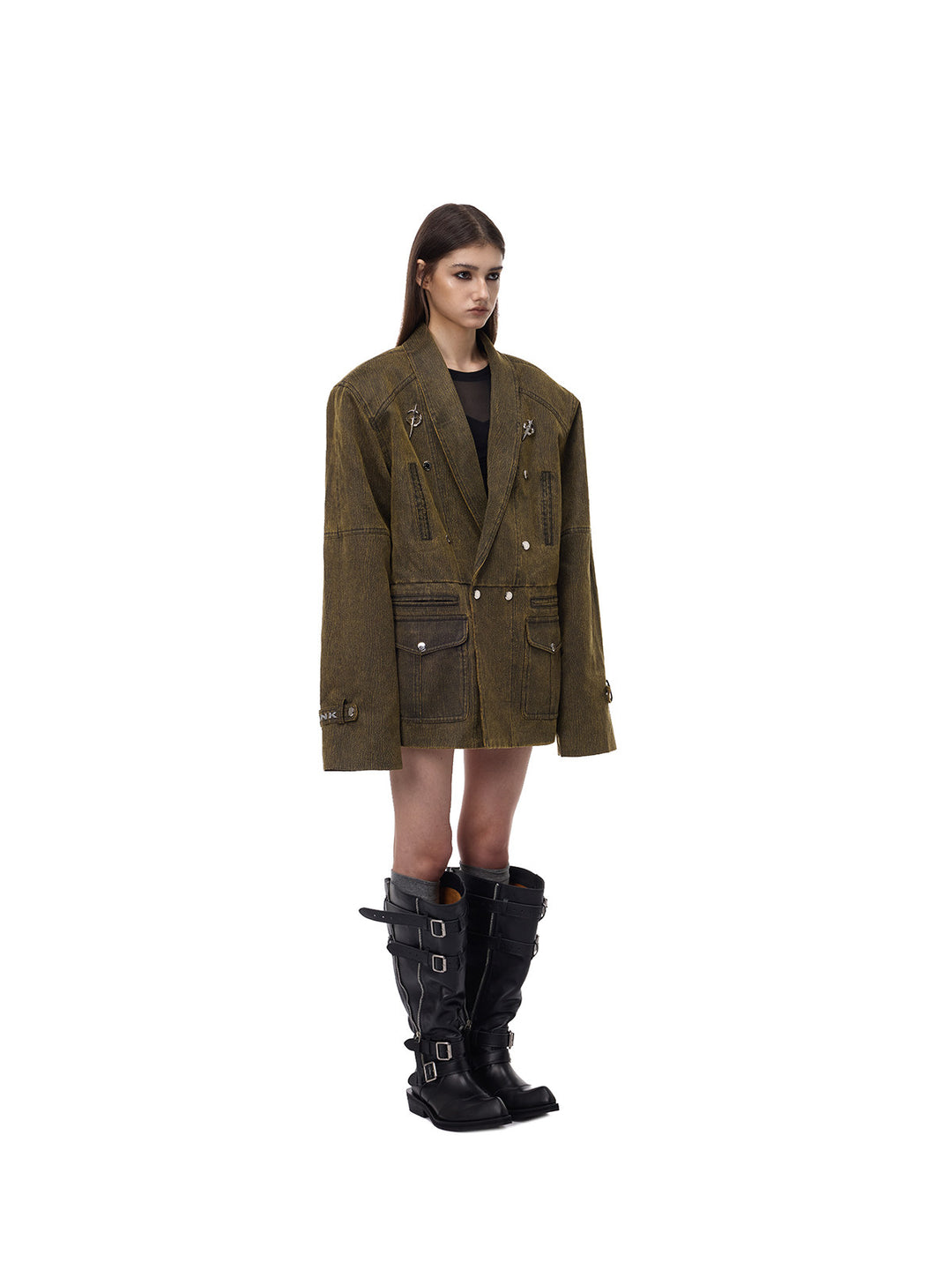 PINKSPINK ELECTRIC MOON sculpted-shoulder washed blazer in olive brown — full-length three-quarter modeled view with blazer fastened
