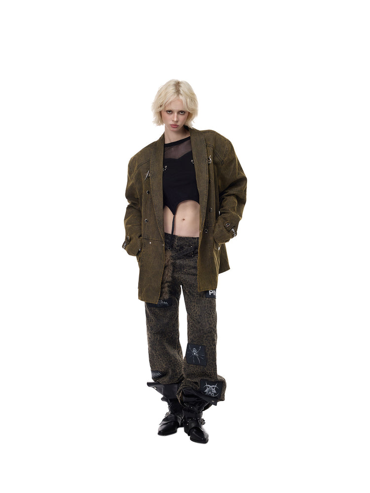 PINKSPINK ELECTRIC MOON sculpted-shoulder washed blazer in olive brown — full-length angled modeled outfit with trousers