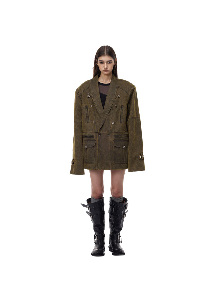 PINKSPINK ELECTRIC MOON sculpted-shoulder washed blazer in olive brown — full-length straight-on modeled view with knee-high boots