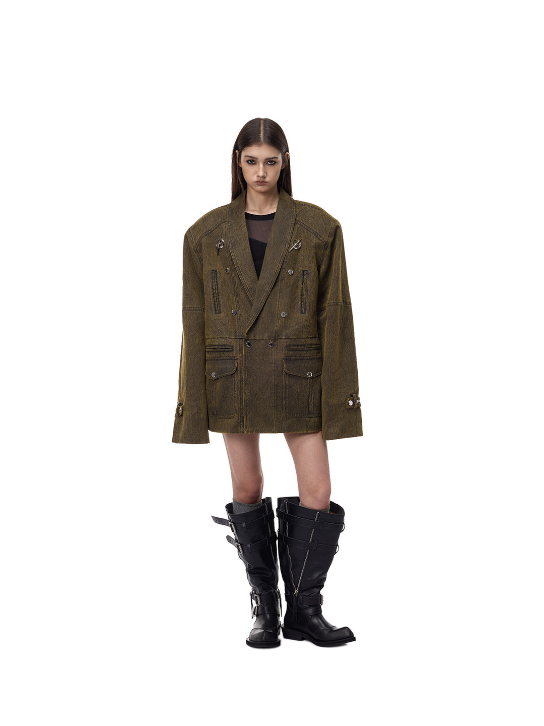 PINKSPINK ELECTRIC MOON sculpted-shoulder washed blazer in olive brown — front modeled view showing the long sleeves