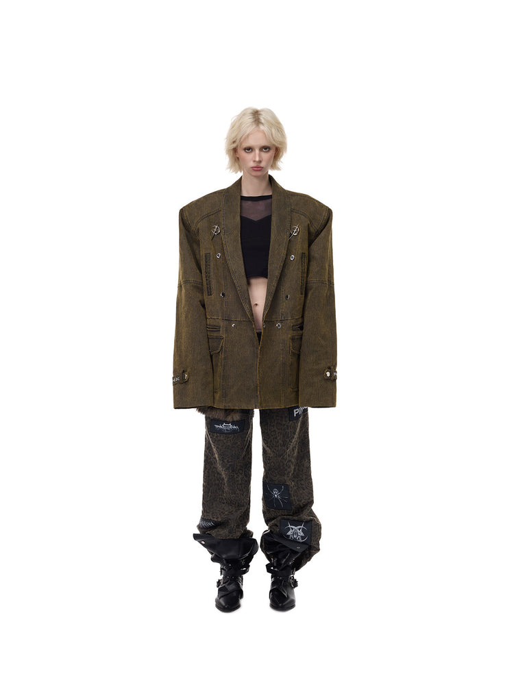 PINKSPINK ELECTRIC MOON sculpted-shoulder washed blazer in olive brown — full-length straight-on modeled view with trousers