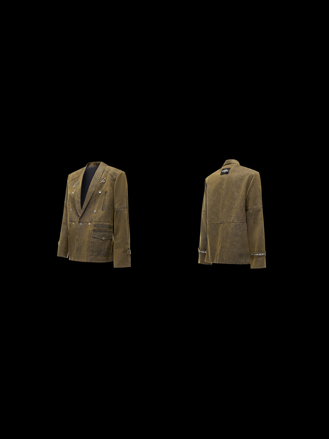 PINKSPINK ELECTRIC MOON sculpted-shoulder washed blazer in olive brown — front and back garment-only comparison on black