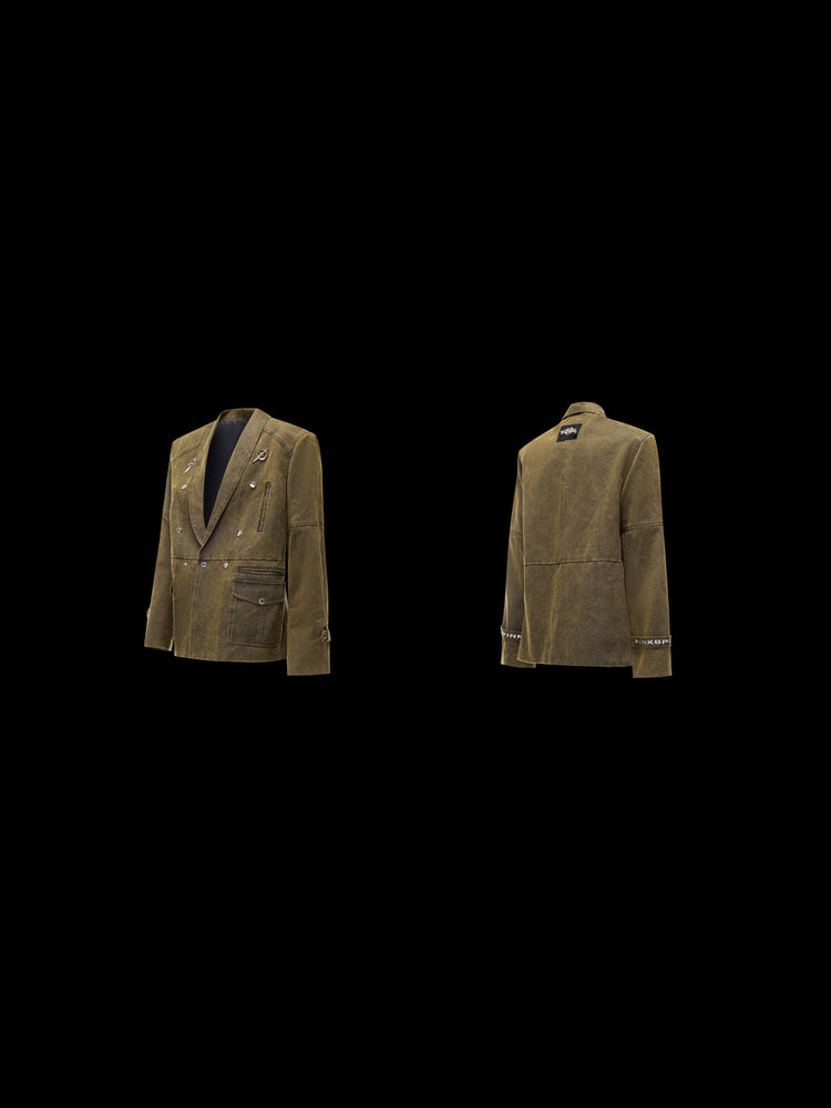 PINKSPINK ELECTRIC MOON sculpted-shoulder washed blazer in olive brown — front and back garment-only comparison on black
