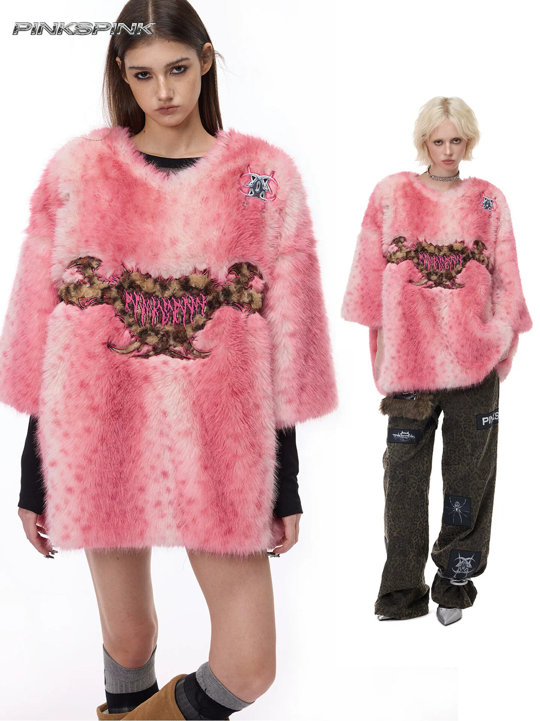 PINKSPINK ELECTRIC MOON thorn-heart faux-fur jersey in pink — front-view collage showing the thorn-heart motif and two styled outfits