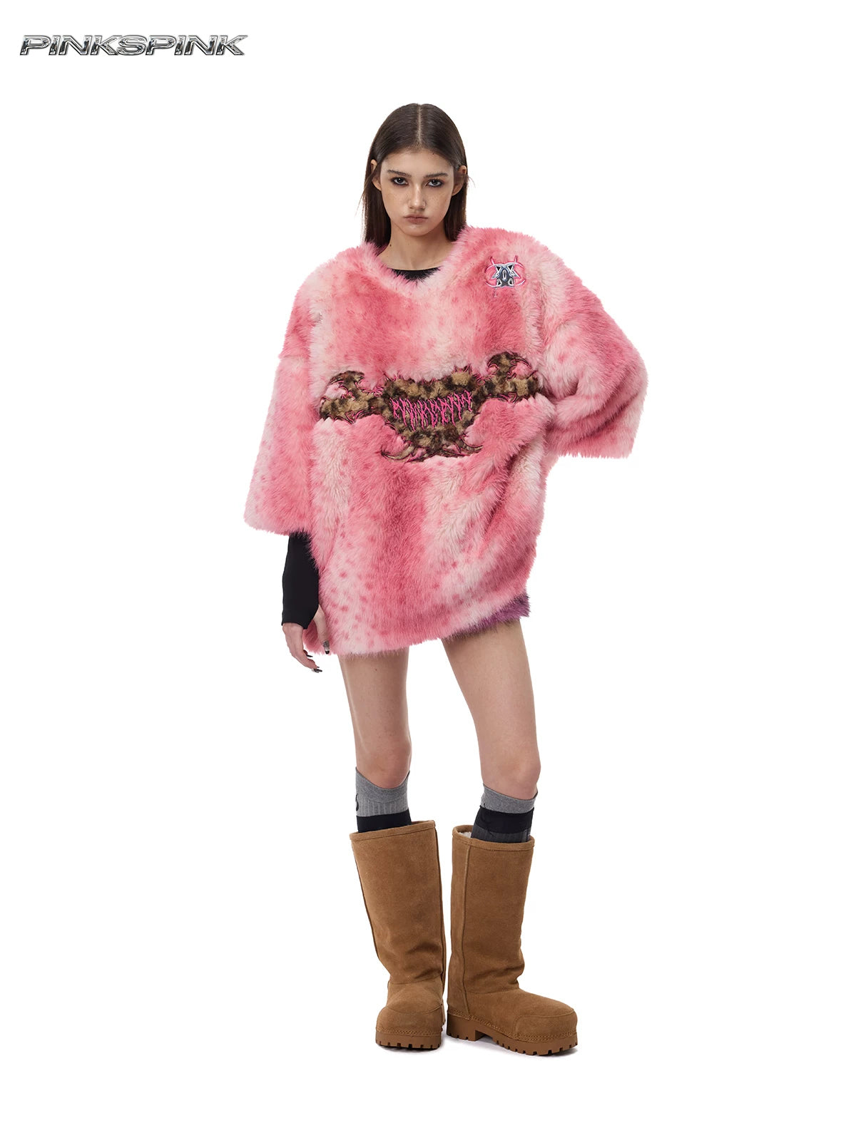 PINKSPINK ELECTRIC MOON thorn-heart faux-fur jersey in pink — full-length front modeled view with one hand on hip